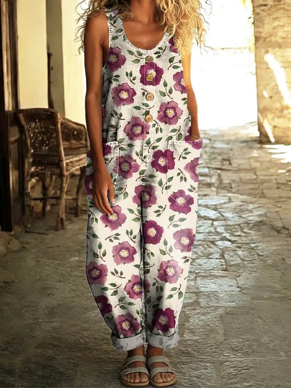 Women's Vintage Floral Pattern Art Print Casual Cotton Denim Jumpsuit
