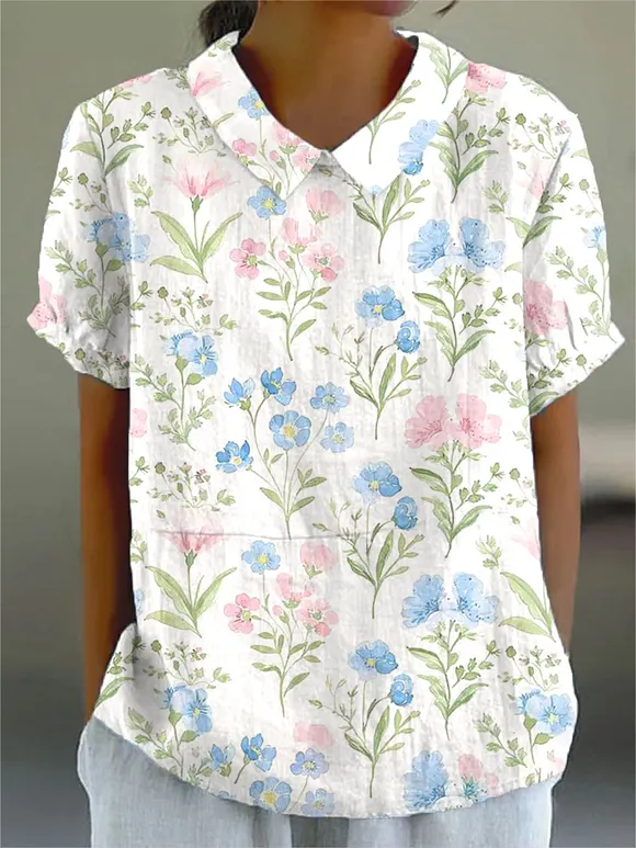 Women's  Vintage Flowers Art Print Casual Cotton And Linen Shirt
