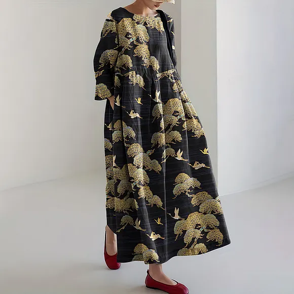 Japanese Art Crane Print Round Neck Loose Midi Dress