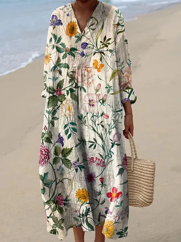 Women's Vintage Lovely Floral Art Print Cotton Dress