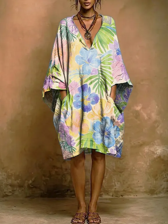 Bohemian Resort-style Floral Print V-neck Loose-fit Cotton-linen Dress