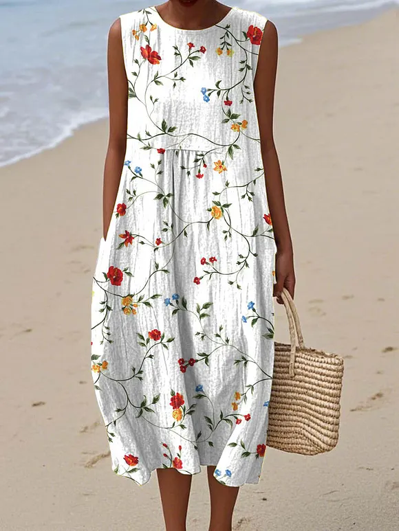 Women's Lovely Floral Pattern Art Print Sleeveless Cotton Pocket Wrap Dress