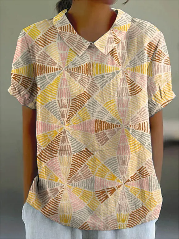 Women's Abstract Geometric Pattern Art Print Casual Cotton And Linen Shirt