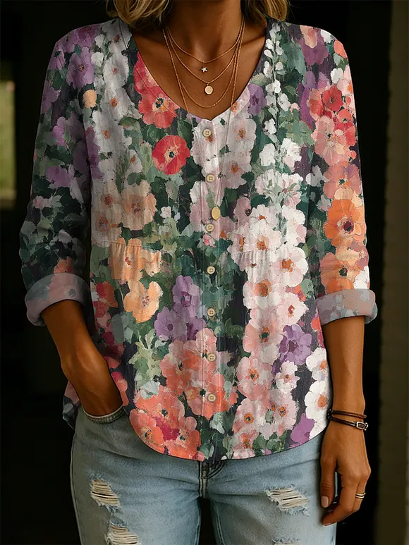 Women's Painting Art Oil Painting Floral Decorative Pattern Linen And Cotton Shirt