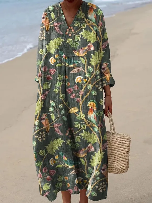 Women's Lovely Floral & Birds Art Print Flowy Dress