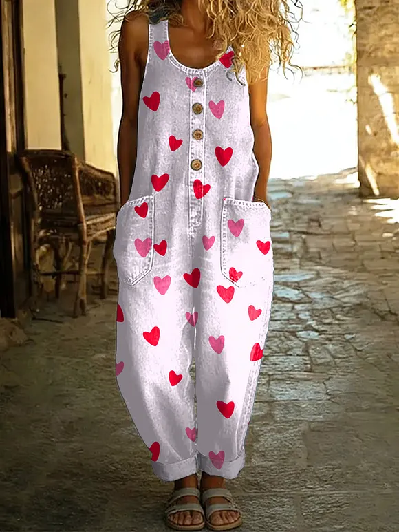 Women's Valentine's Day Heart Print Casual Cotton Vest Jumpsuit