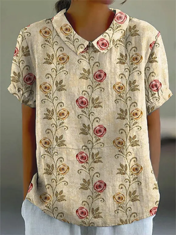 Women's Floral  Print Casual Cotton And Linen Shirt