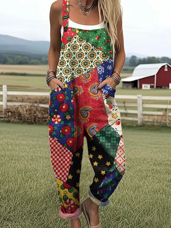 Women's  Patchwork Floral Art Print Casual 100% Cotton Wide Leg Jumpsuit