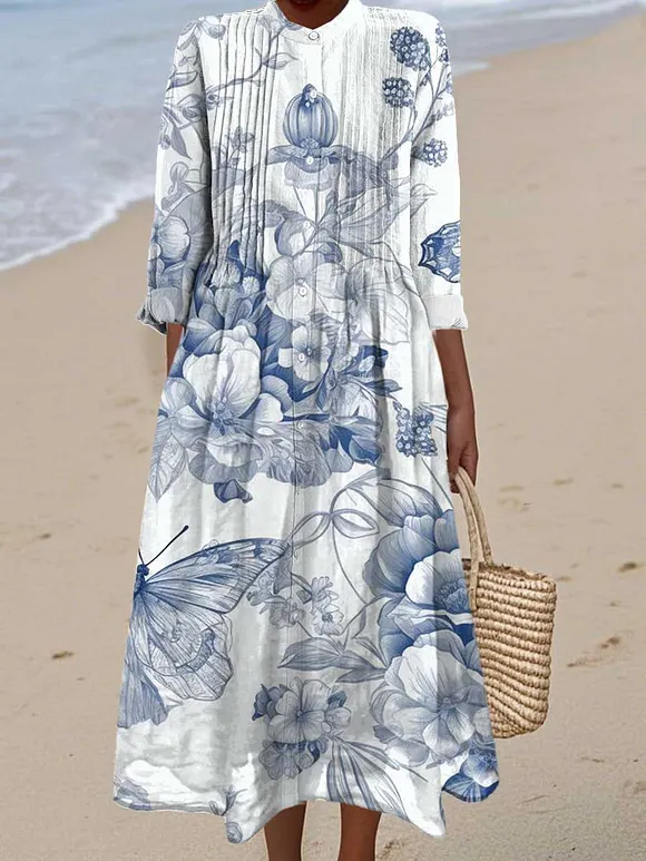 Women's Vintage Blue Art Hand Painted Flower Art Print Dress