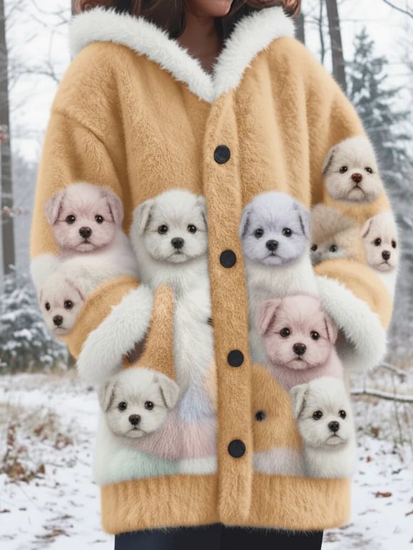 Winter Forest Cute Puppy Mink Fleece Button Coat