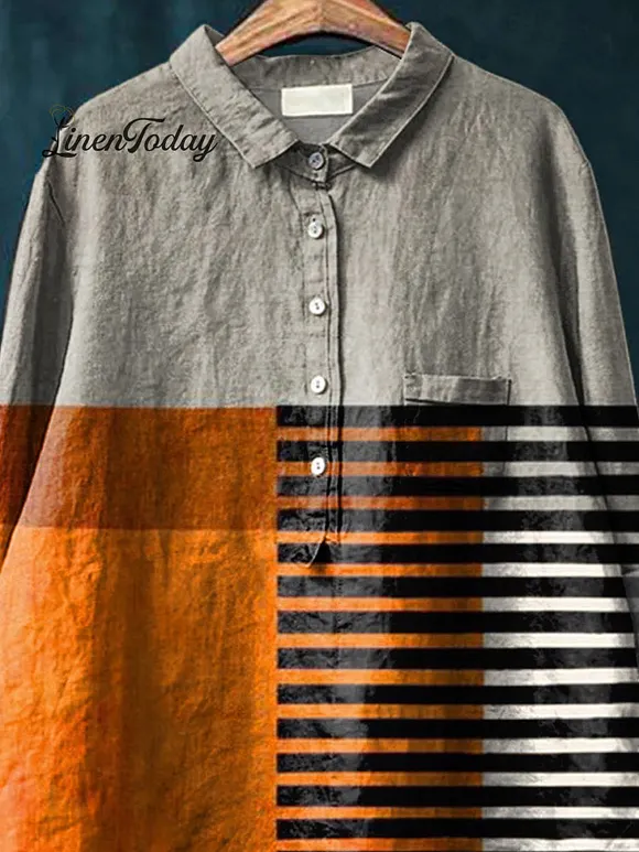 Artistry Color Block Art Printed Women's Casual Cotton And Linen Shirt