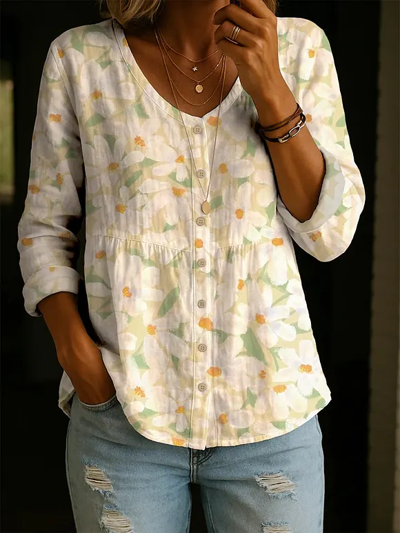 Women's Fresh Floral Art Print Casual Cotton Shirt