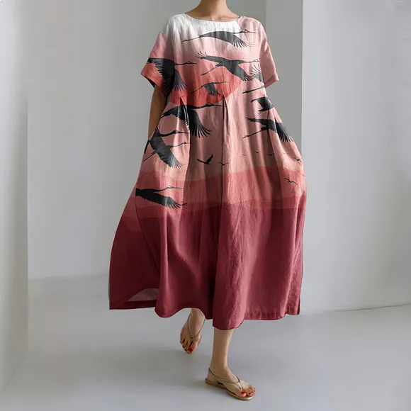 Retro Flying Bird Landscape Print Japanese Art Cozy Linen Blend Dress