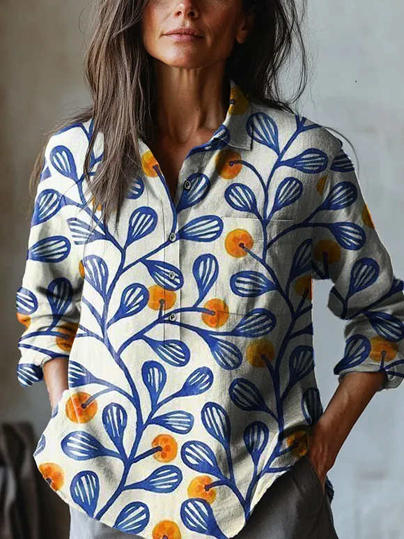 Spring Orange Tree Pattern Printed Women's Casual Cotton And Linen Shirt