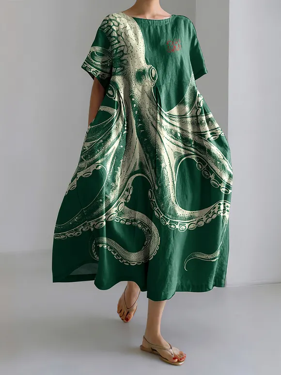 Vintage Japanese Art Octopus Print Casual Midi Dress