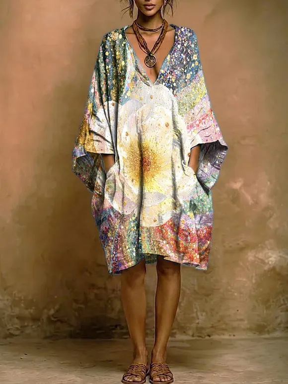 Bohemian Resort-style Floral Print V-neck Loose-fit Cotton-linen Dress