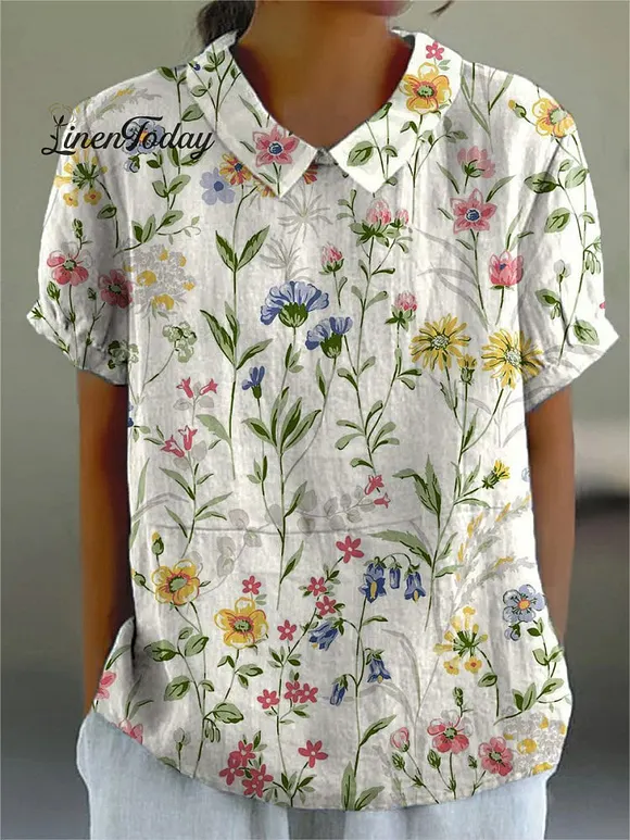 Women's Retro Floral Art Print Casual Cotton And Linen Shirt