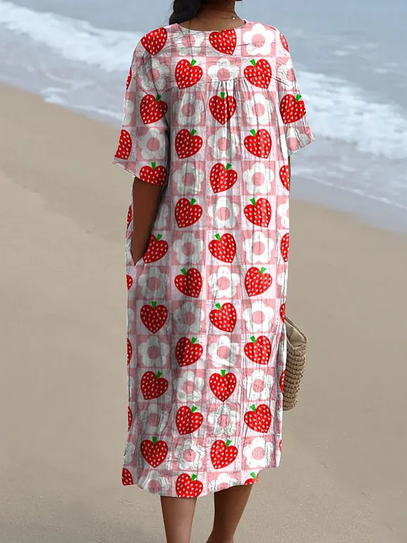 Lovely Strawberry & Floral Pattern Printed Women's Flowy Dress