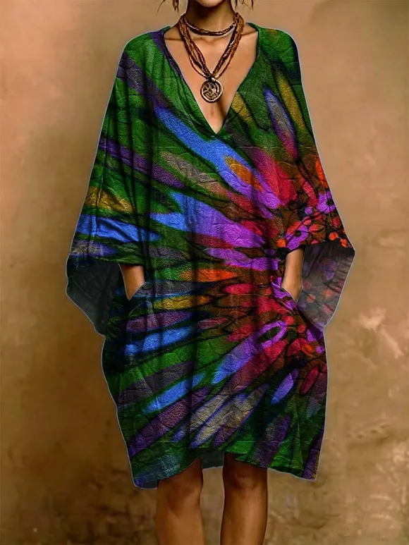 Colorful Radial Light Decorative Pattern Woman's Short Sleeve Cotton And Linen Dress
