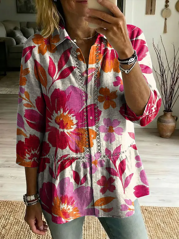 Floral Flowers Art Patterns Casual Patchwork Openwork Webbing Linen And Cotton Shirt