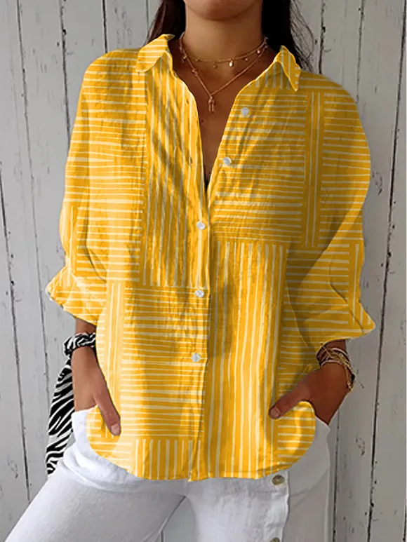 Women's Vintage Colorblock Striped Art Print Casual Linen V-neck Shirt