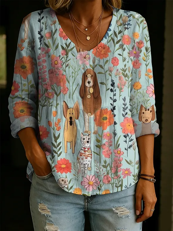 Women's Dogs In The Garden Decorative Pattern Linen Cotton Blend Shirt