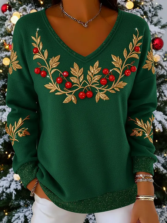 Vintage Christmas Holly Print V-Neck Sweatshirt