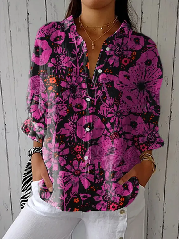 Women's Vintage Floral Art Print Casual Linen V-neck Shirt
