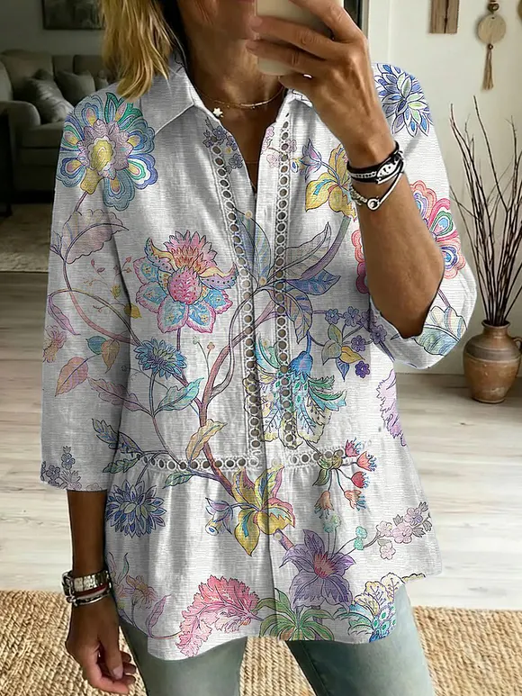 Casual Cotton-linen Shirt With Floral Art Patterns, Splicing, And Openwork Webbing Trim