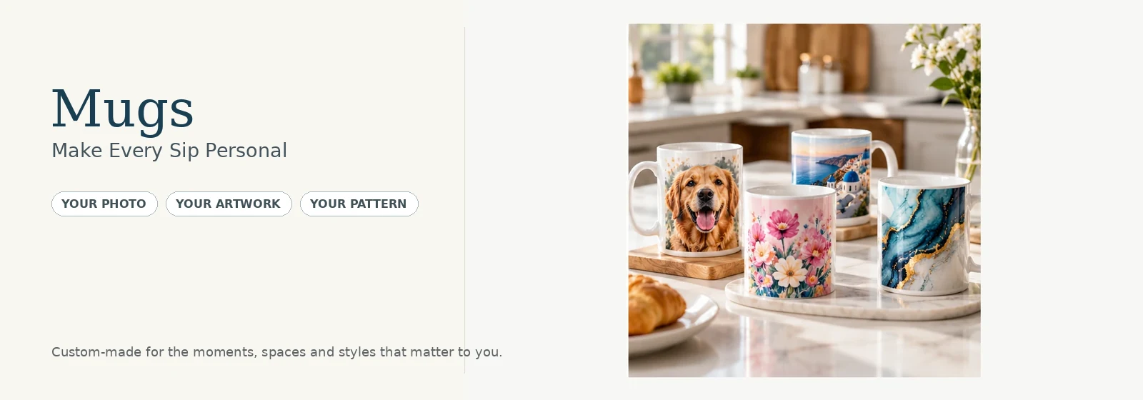 Personalized photo mugs with pet floral travel and marble artwork