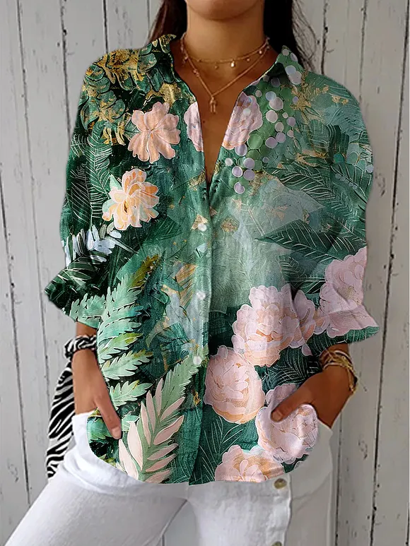 Women's Vintage Floral Art Print Casual Linen V-neck Shirt