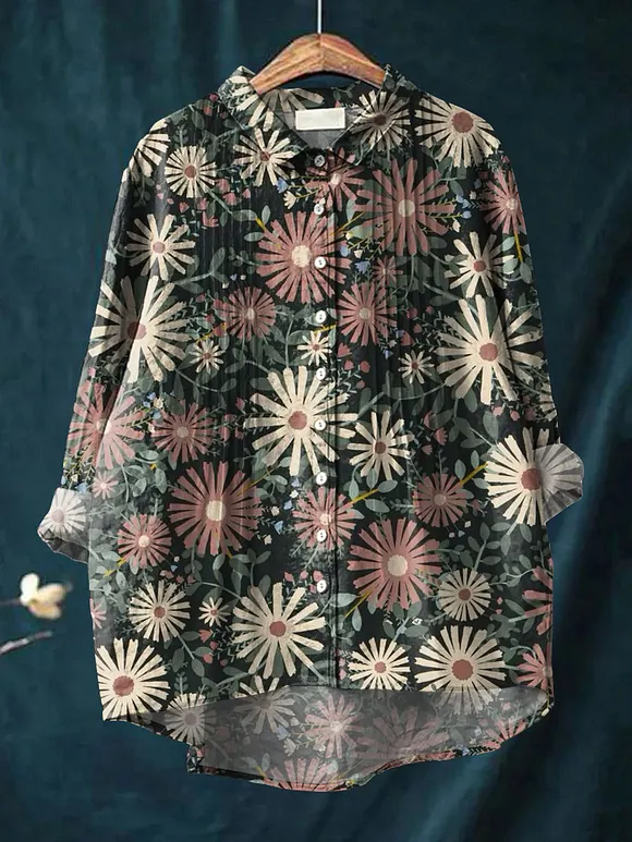 Women's Simple Floral Pattern Art Print Casual Cotton And Linen Ruffle Shirt