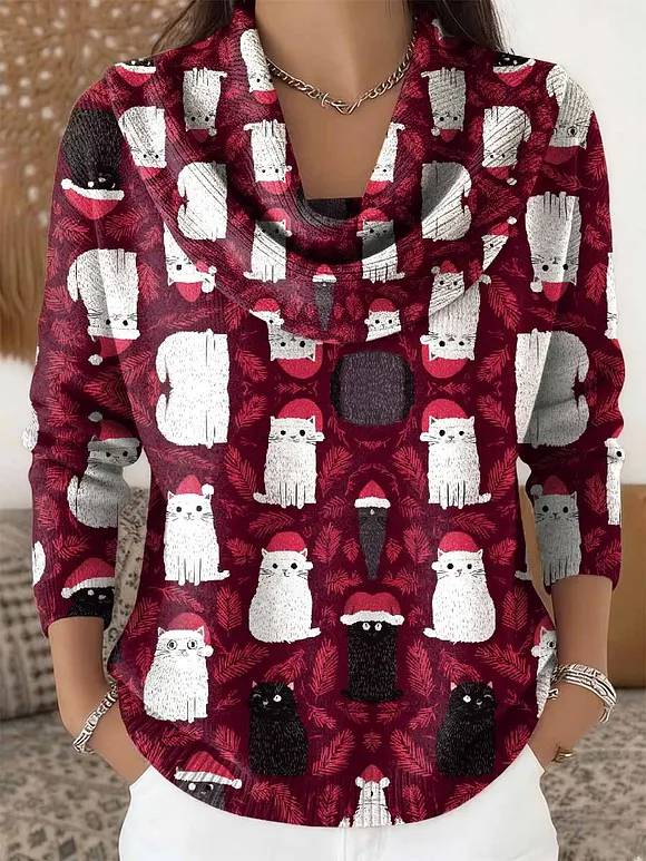 Women's Retro Christmas Cat Pattern Long Sleeve Sweater