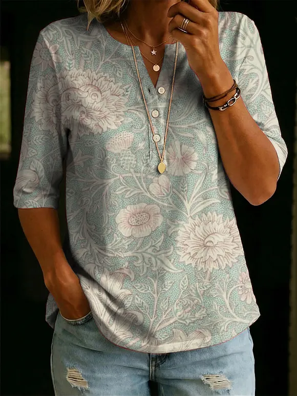 Women’s Floral Pattern Art Casual Classic Henley Collar 100% Cotton T-shirt