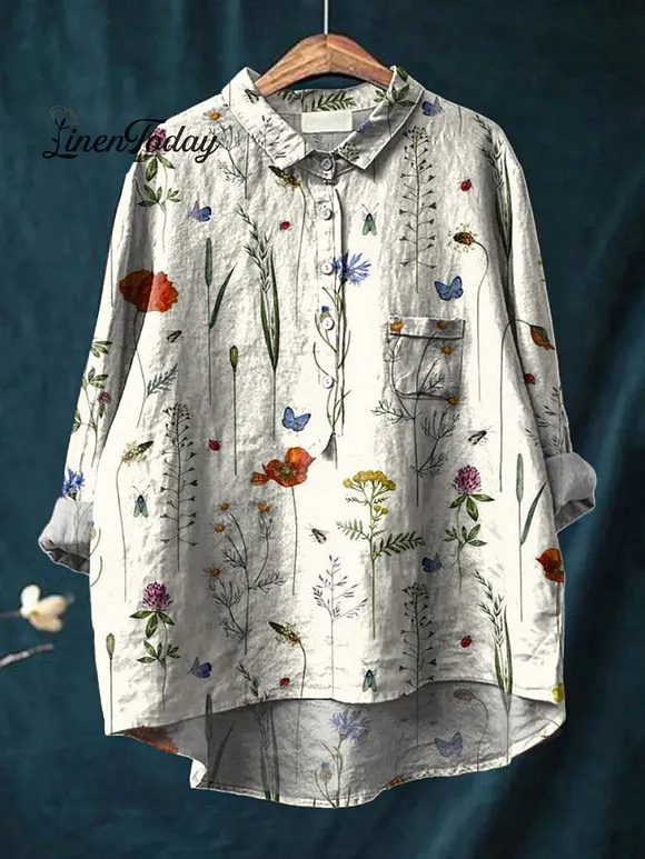 Women's Vintage Lovely Floral Art Print Casual Cotton And Linen Shirt