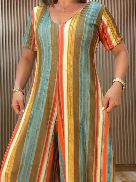 Cozy Rainbow-colored V-neck Wide-leg Jumpsuit