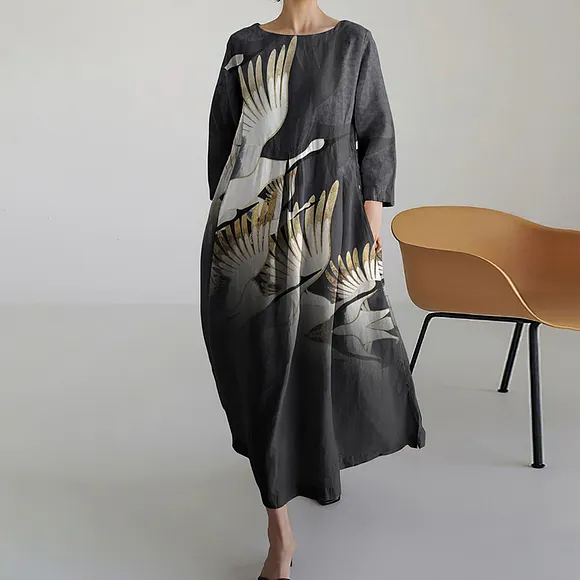 Crane Print Long Sleeve Casual Midi Dress