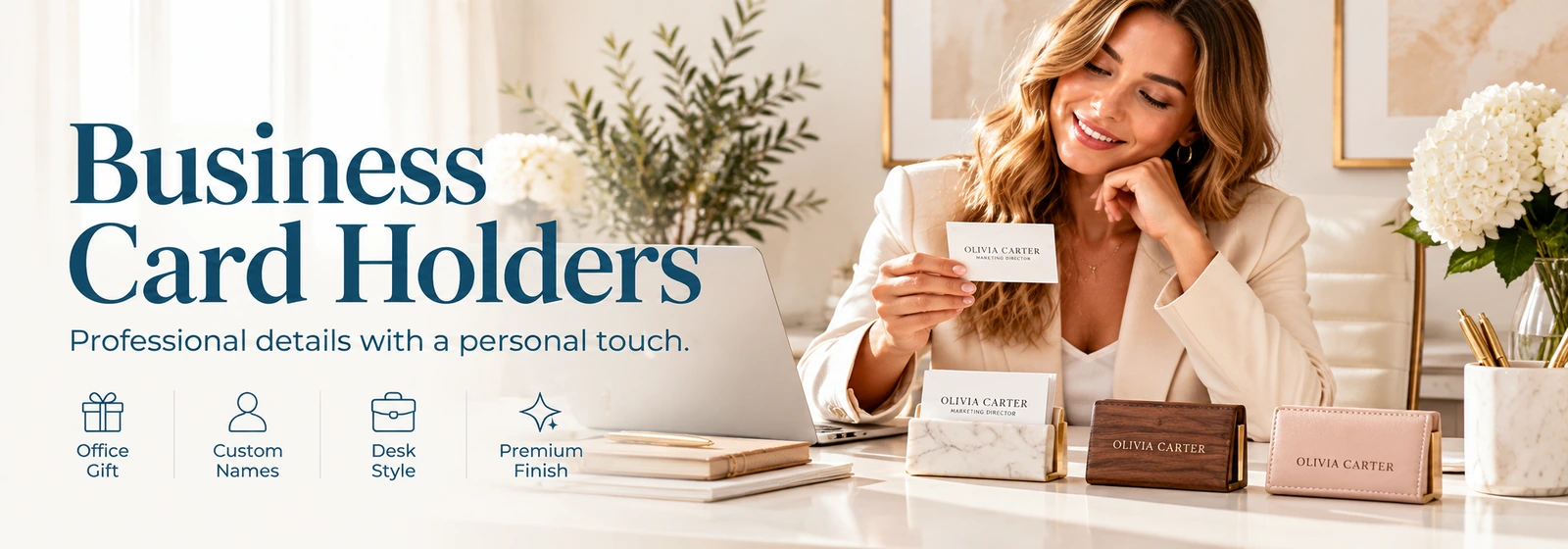 Personalized business card holders banner with custom name card cases on a clean desk