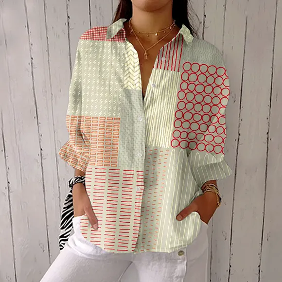 Women's Vintage Abstract Geometric Line Art Print Casual Linen V-neck Shirt