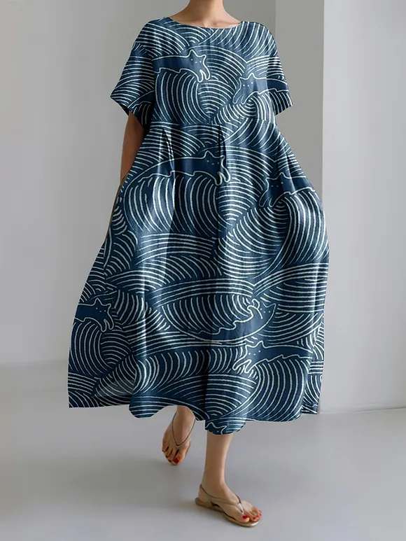 Abstract Creative Cute Lazy Line Cats Painting Art Linen Blend Dress