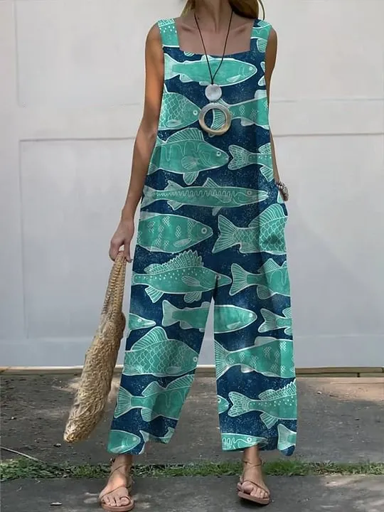Women's Vintage Lovely Fish Art Print Casual 100% Cotton Wide Leg Jumpsuit