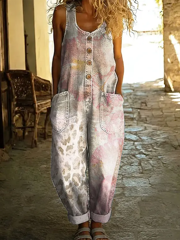 Women's Flowers Floral Casual Cotton Vest Denim Jumpsuit
