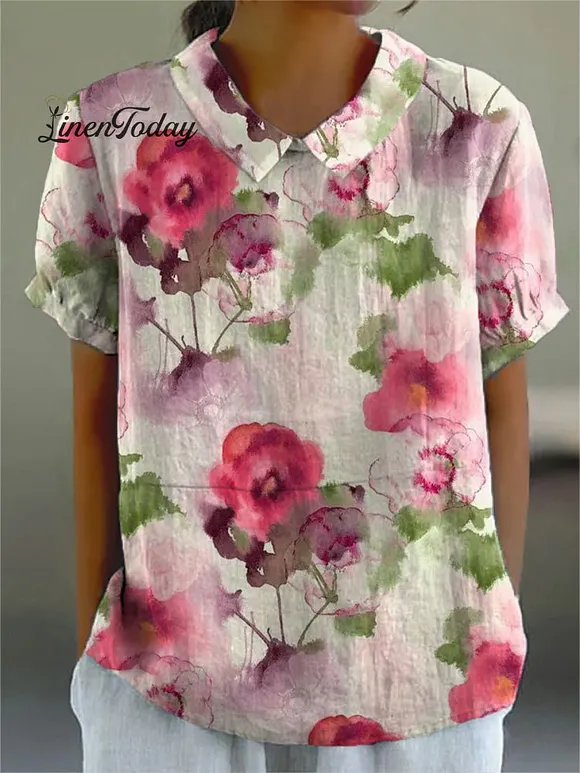 Women's Flower Print Casual Cotton And Linen Shirt