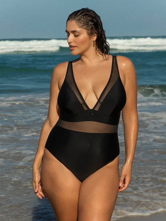 Black Sheer V-Neck Plus Size One-Piece Swimsuit