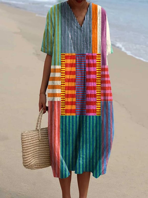 Women's Cotton Dress with Retro Geometric Art Design