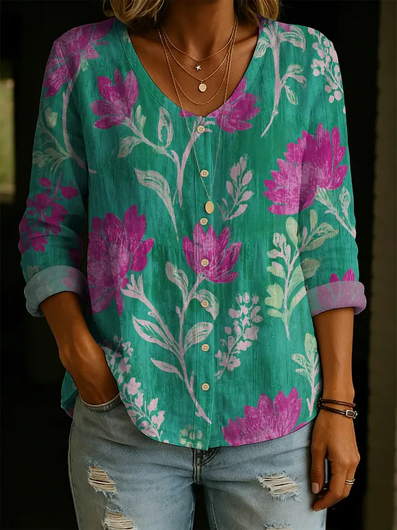 Women's Vintage Floral Decorative Pattern Linen And Cotton Shirt