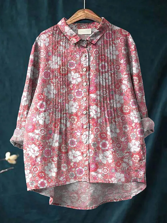 Women's Vintage Floral Art Print Casual Cotton And Linen Ruffle Shirt