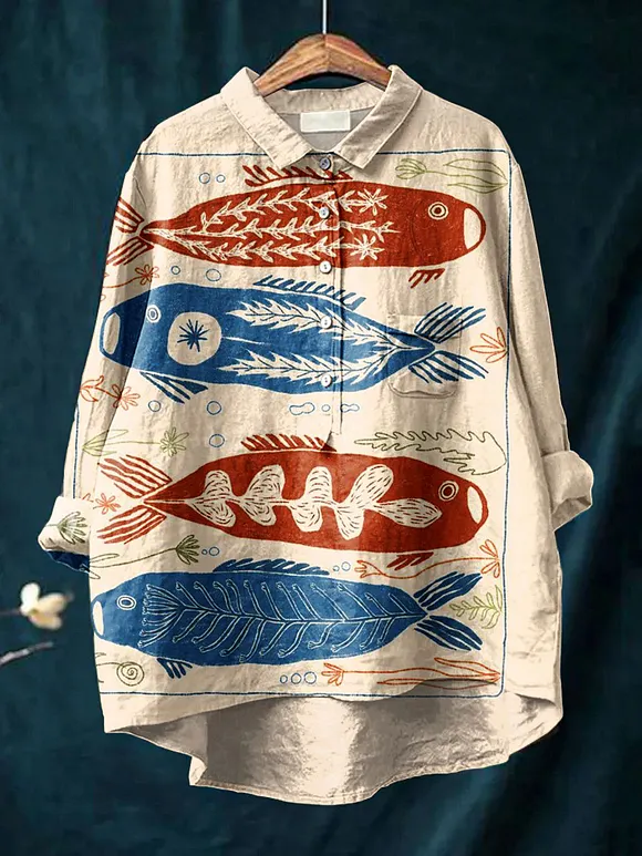 Women's Vintage Ocean Fish Art Print Casual Cotton And Linen Shirt