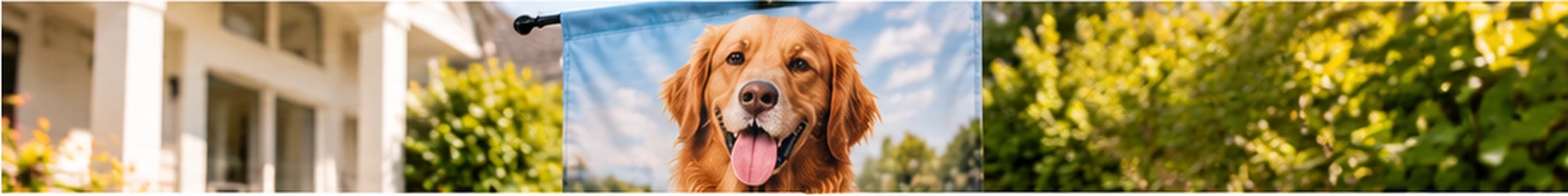 Personalized flags banner featuring a custom golden retriever garden flag outside a home