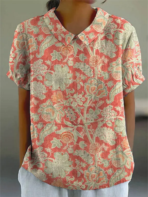 Women's Vintage Lovely Floral Art Print Casual Cotton And Linen Shirt